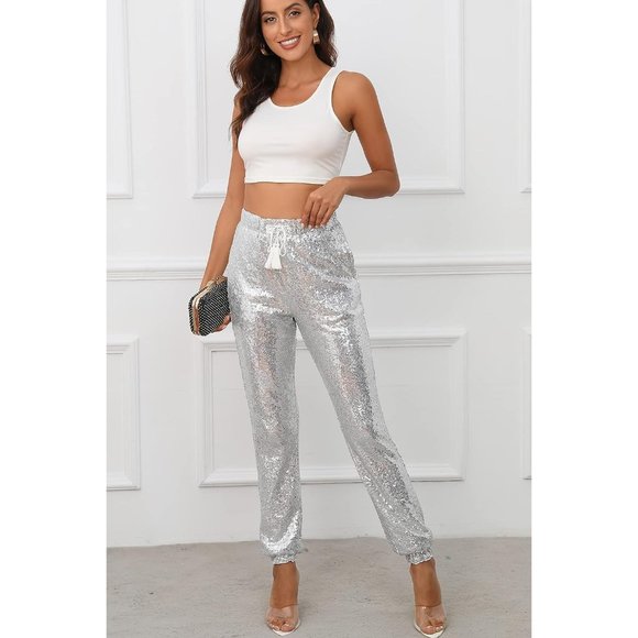 Womens Large Silver Polyester Glitter Sequin Joggers Pants - Picture 6 of 6